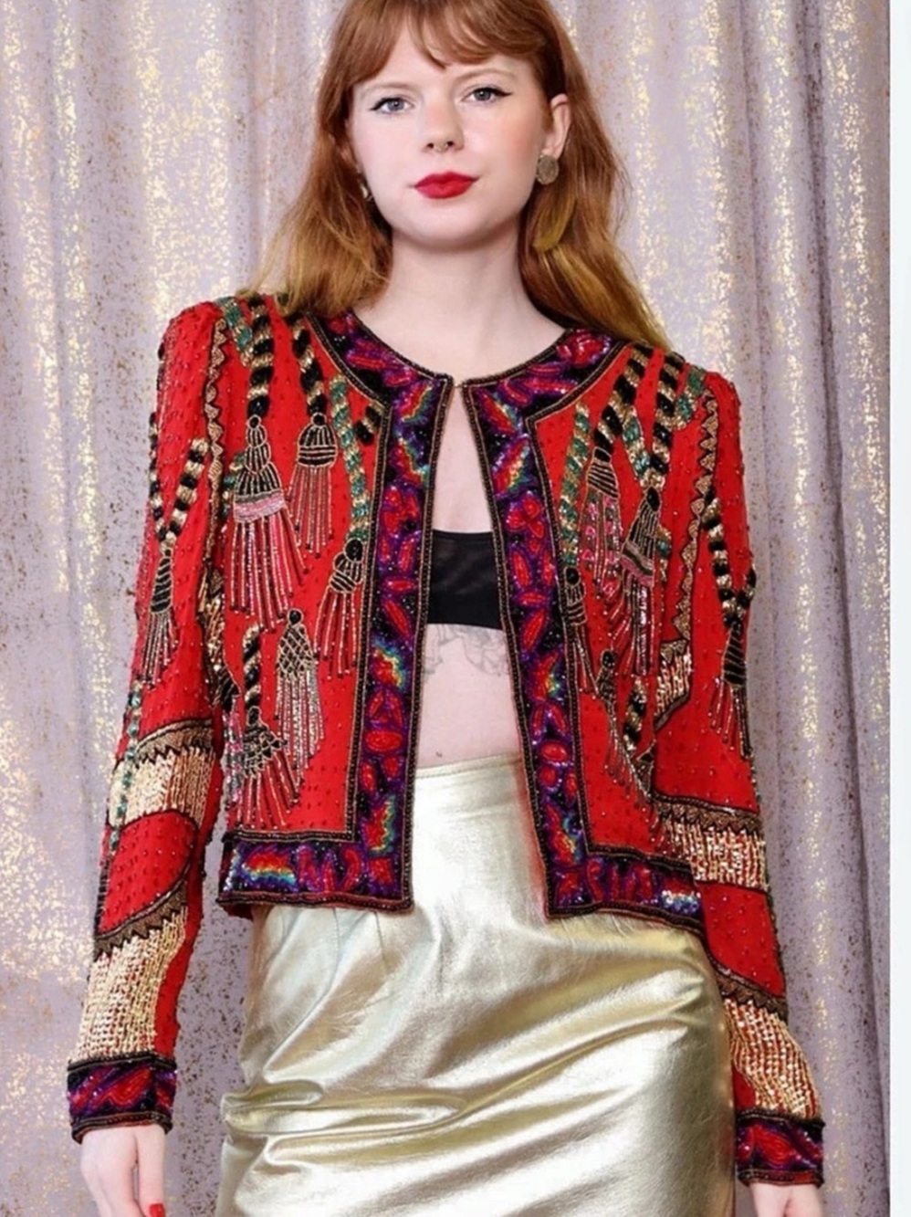 Vintage 80s Lawrence Kazar Bead Embellished Silk Jacket in Red Size Large